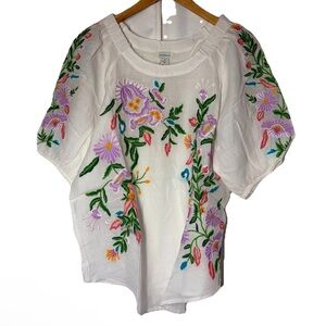 NWT Sundance White Embroidered Floral Blouse Vallejo Top M Boho Bright Peasant